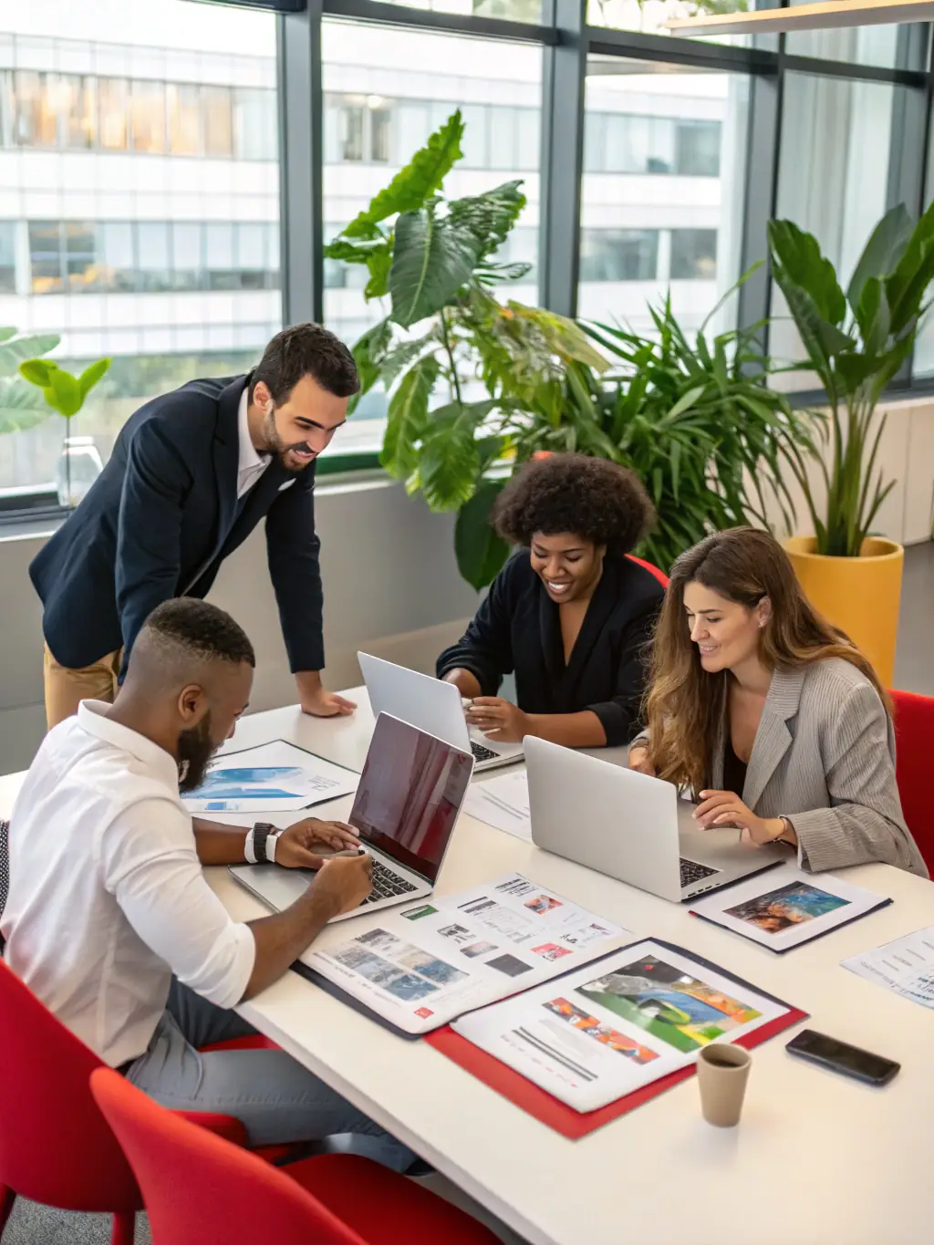 A team of marketing professionals collaborating in a modern office setting, symbolizing Resurgence Brokerage's collaborative and innovative approach to B2B marketing.
