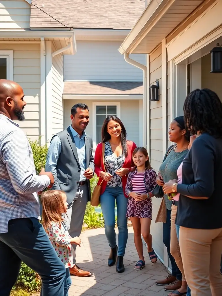 A professional marketing team engaging with residents door-to-door in a suburban neighborhood, showcasing Resurgence Brokerage's direct marketing approach.